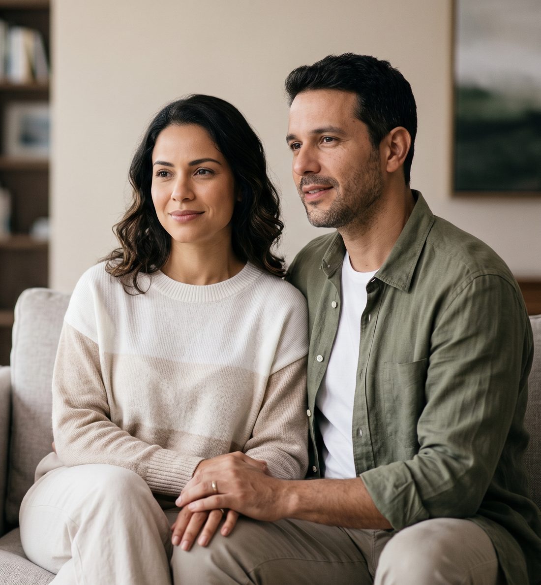 Casal adulto sentado lado a lado em uma sala acolhedora, de mãos dadas, com expressão serena